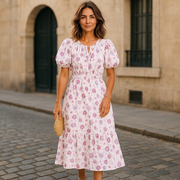 Derek Lam Collective Nordstrom Dress Size 52 / US 3XL Floral V-Neck Puff Sleeve - Picture 1 of 15